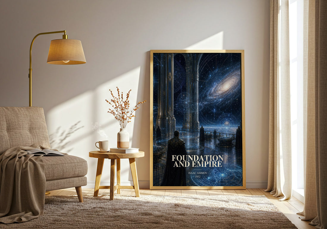 Foundation and Empire watercolour print in frame leaning in hallway – sci fi wall art (mockup)