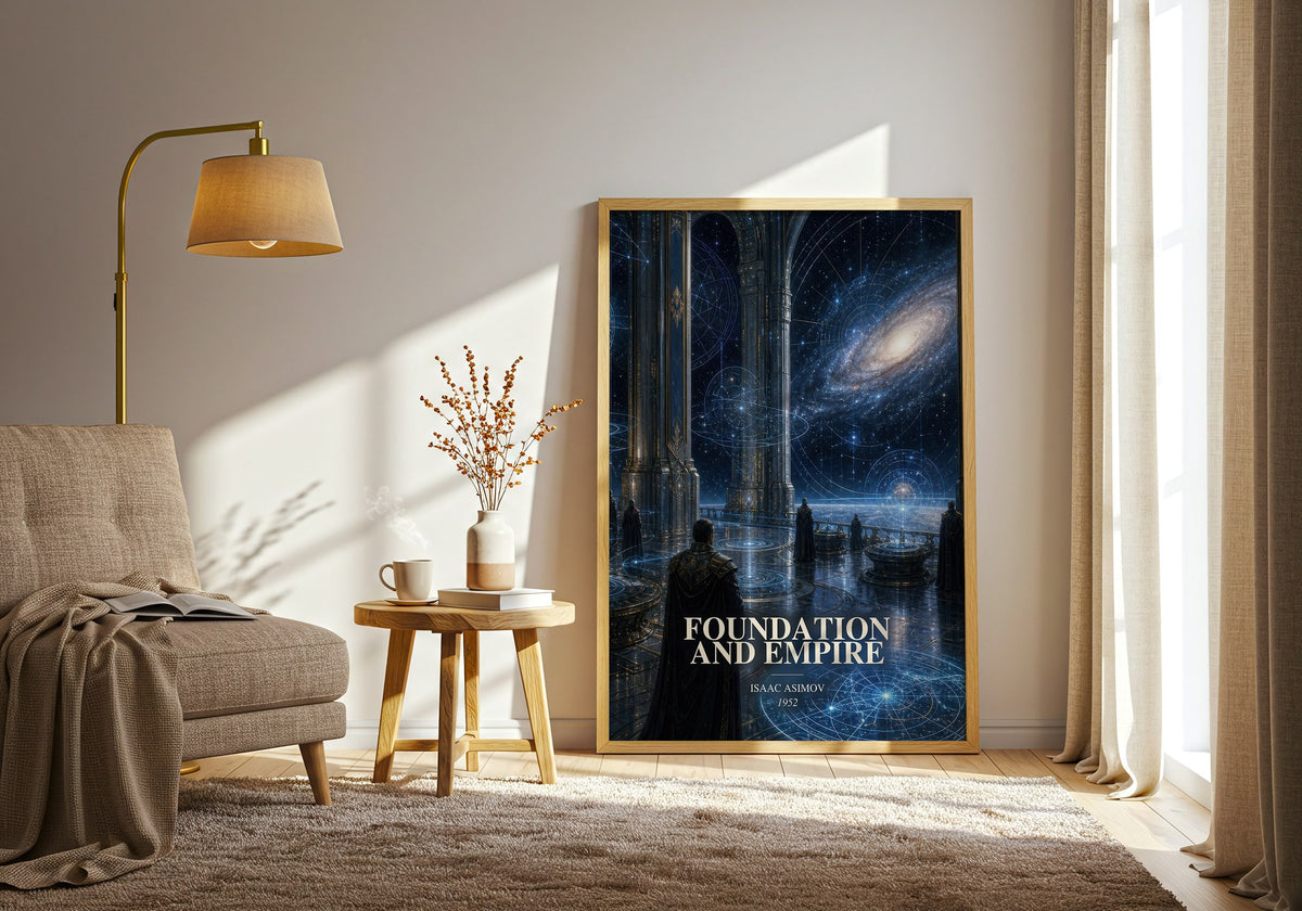 Foundation and Empire watercolour print in frame leaning in hallway – sci fi wall art (mockup)