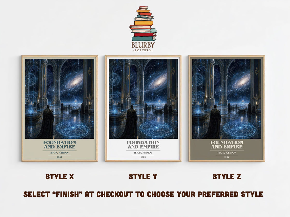 Foundation and Empire book cover print in frame leaning in hallway – sci fi wall art (mockup)