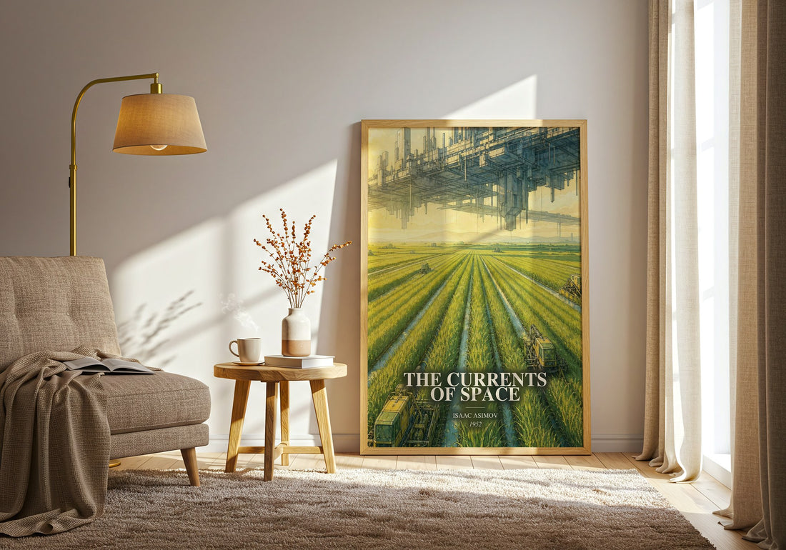 The Currents of Space watercolour print in frame leaning in hallway – sci fi wall art (mockup)