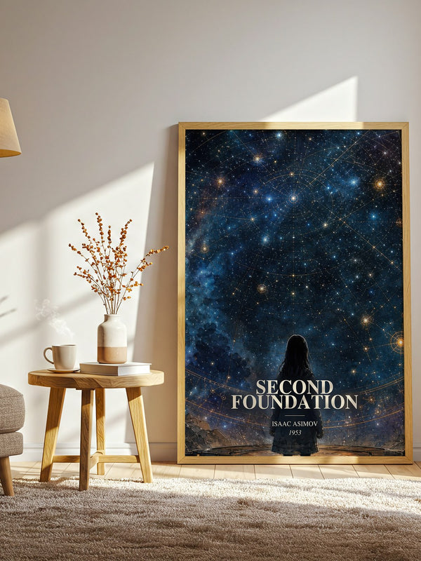 Second Foundation watercolour print in frame leaning in hallway – sci fi wall art