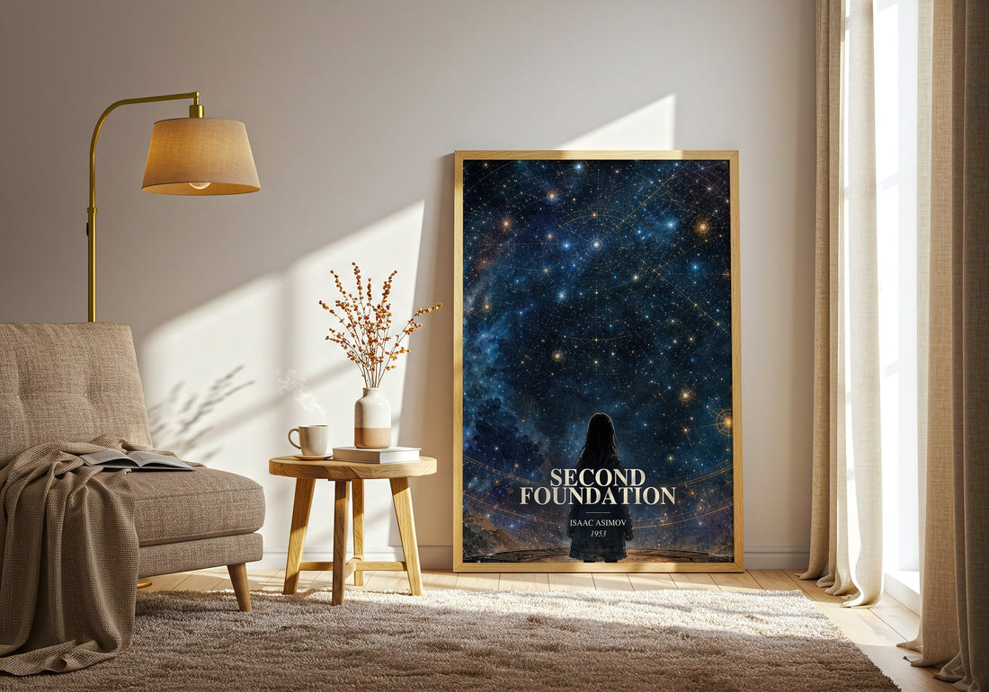 Second Foundation watercolour print in frame leaning in hallway – sci fi wall art (mockup)