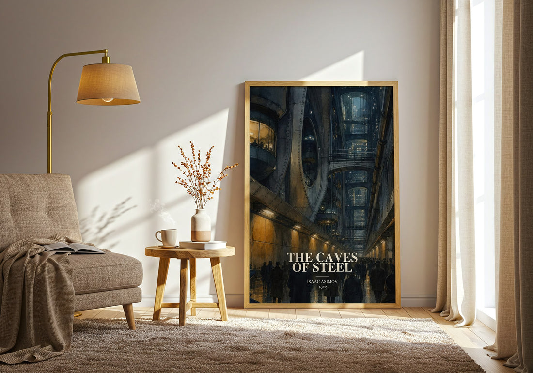 The Caves of Steel watercolour print in frame leaning in hallway – sci fi wall art (mockup)