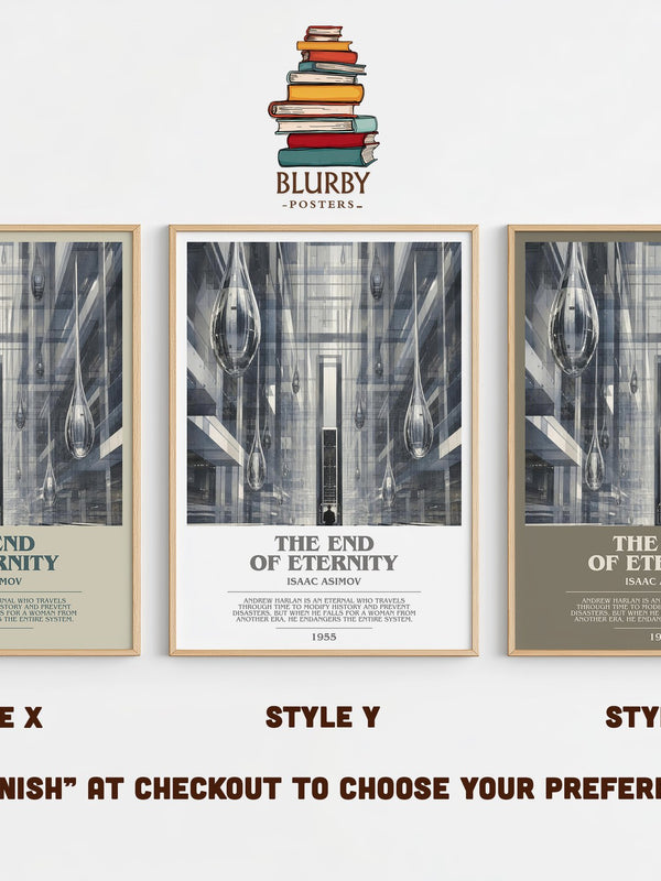The End of Eternity bookish print in frame leaning in hallway – sci fi wall art