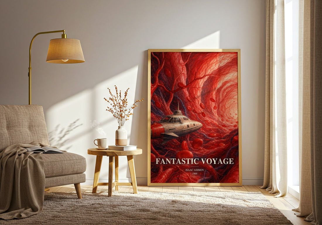 Fantastic Voyage watercolour print in frame leaning in hallway – sci fi wall art (mockup)