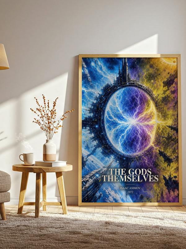 The Gods Themselves watercolour print in frame leaning in hallway – sci fi wall art