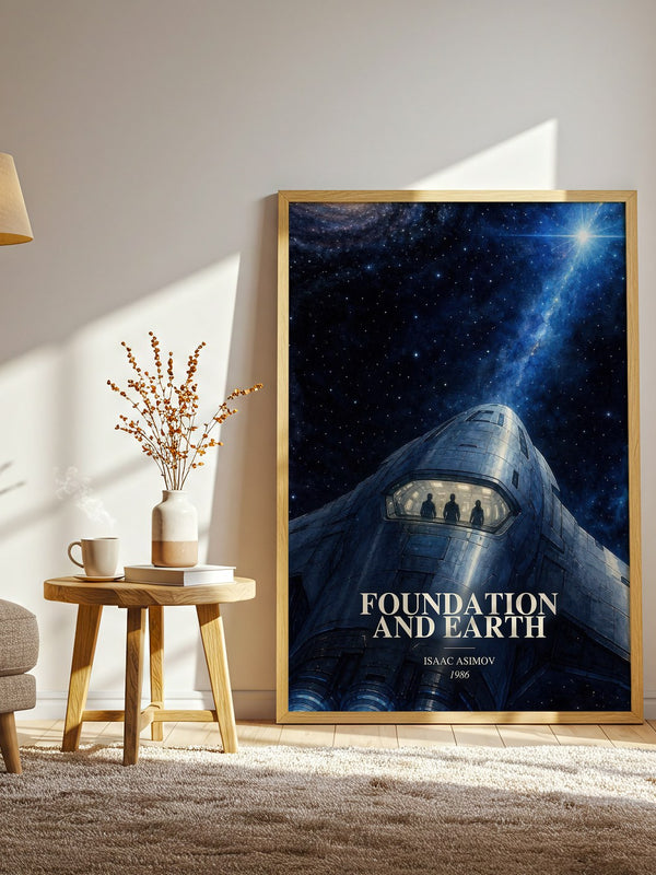 Foundation and Earth watercolour print in frame leaning in hallway – sci fi wall art