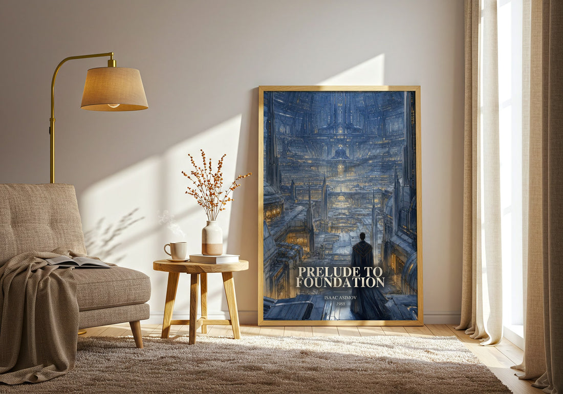 Prelude to Foundation watercolour print in frame leaning in hallway – sci fi wall art (mockup)
