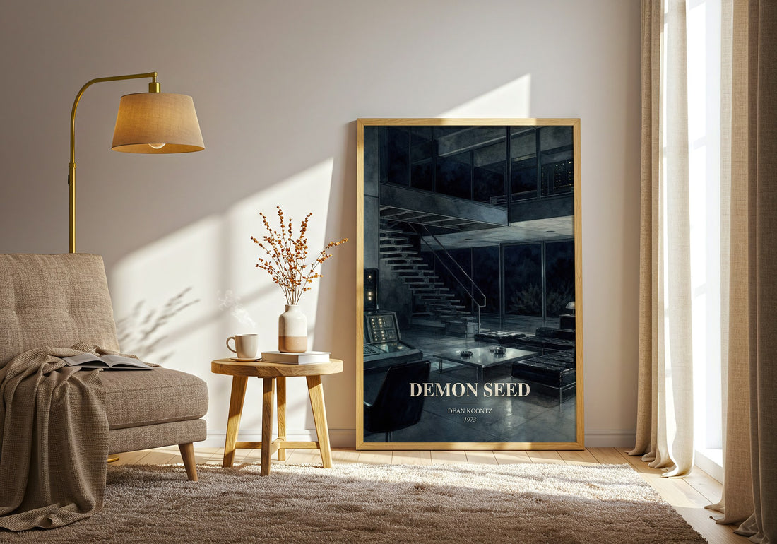 Demon Seed watercolour print in frame leaning in hallway – sci fi wall art (mockup)