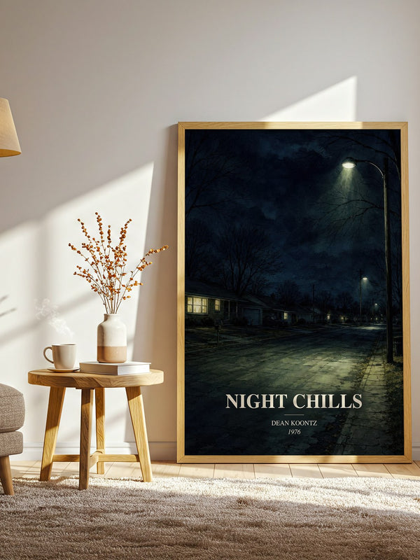 Night Chills watercolour print in frame leaning in hallway – thriller wall art