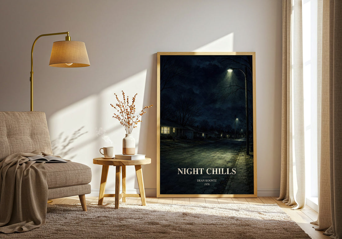 Night Chills watercolour print in frame leaning in hallway – thriller wall art (mockup)