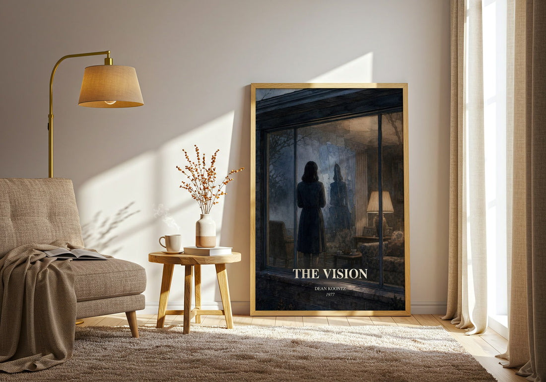 The Vision watercolour print in frame leaning in hallway – thriller wall art (mockup)