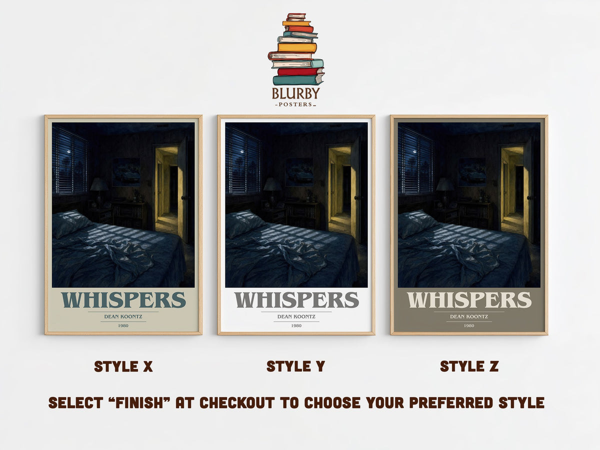 Whispers book cover print in frame leaning in hallway – horror wall art (mockup)