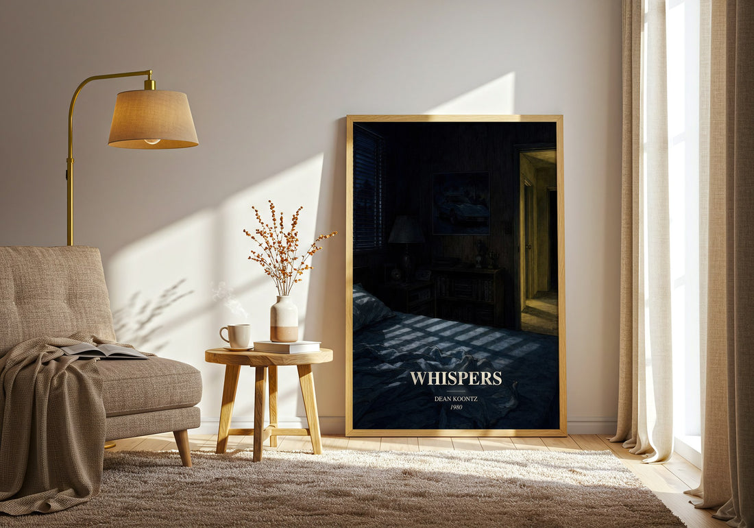 Whispers watercolour print in frame leaning in hallway – horror wall art (mockup)