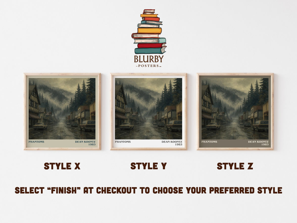 Phantoms literary print in frame leaning in hallway – horror wall art (mockup)