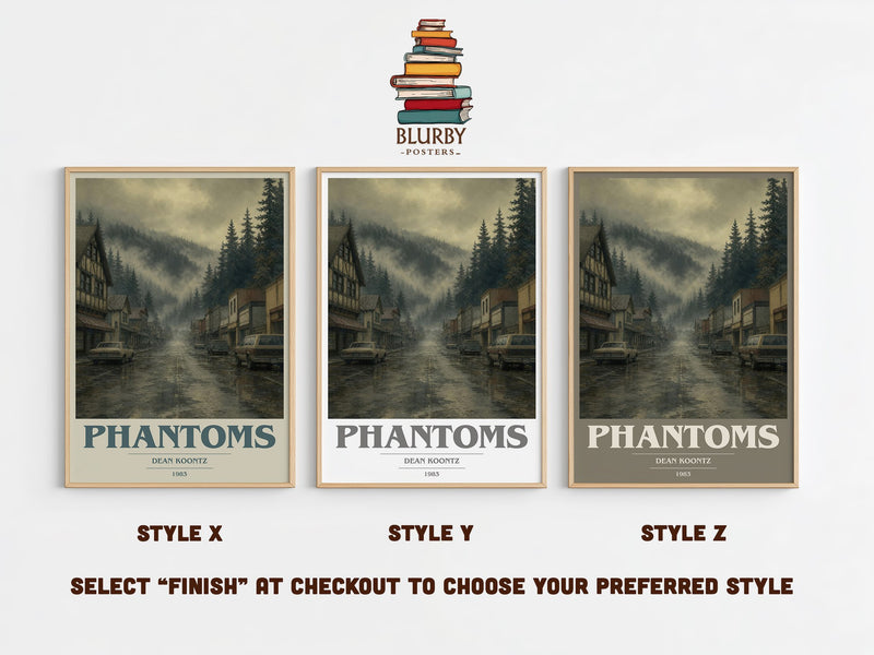 Phantoms book cover print in frame leaning in hallway – horror wall art