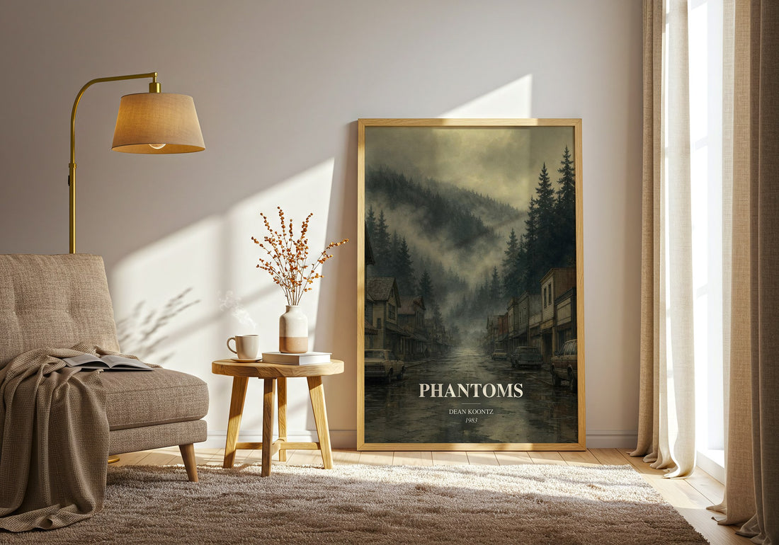 Phantoms watercolour print in frame leaning in hallway – horror wall art (mockup)