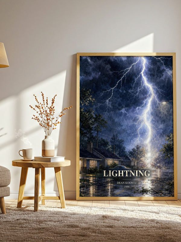Lightning watercolour print in frame leaning in hallway – thriller wall art