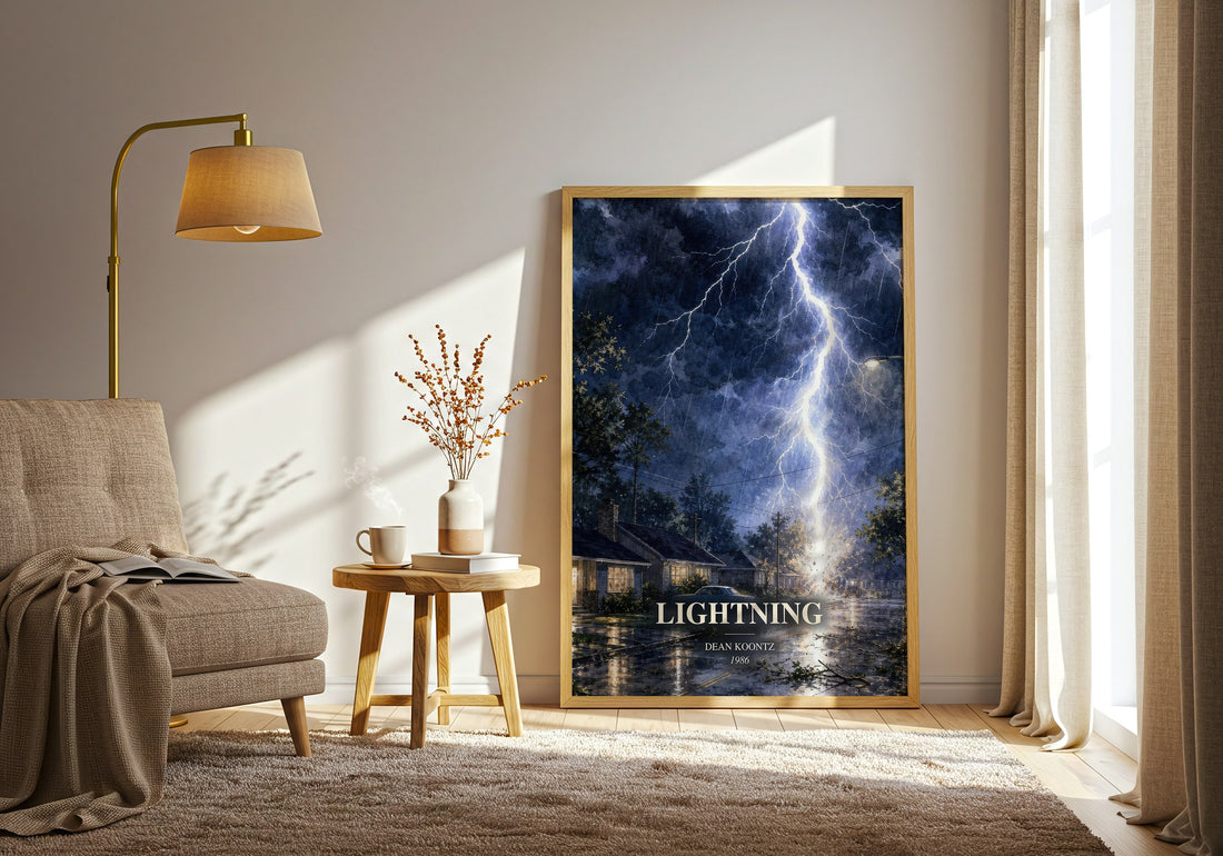 Lightning watercolour print in frame leaning in hallway – thriller wall art (mockup)