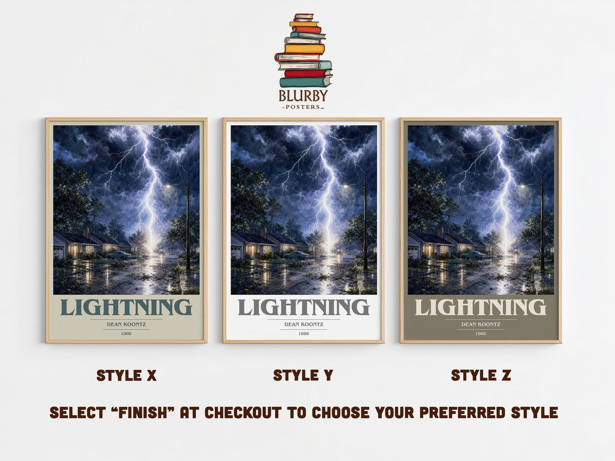 Lightning book cover print in frame leaning in hallway – thriller wall art (mockup)