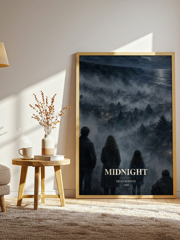 Midnight watercolour print in frame leaning in hallway – thriller wall art