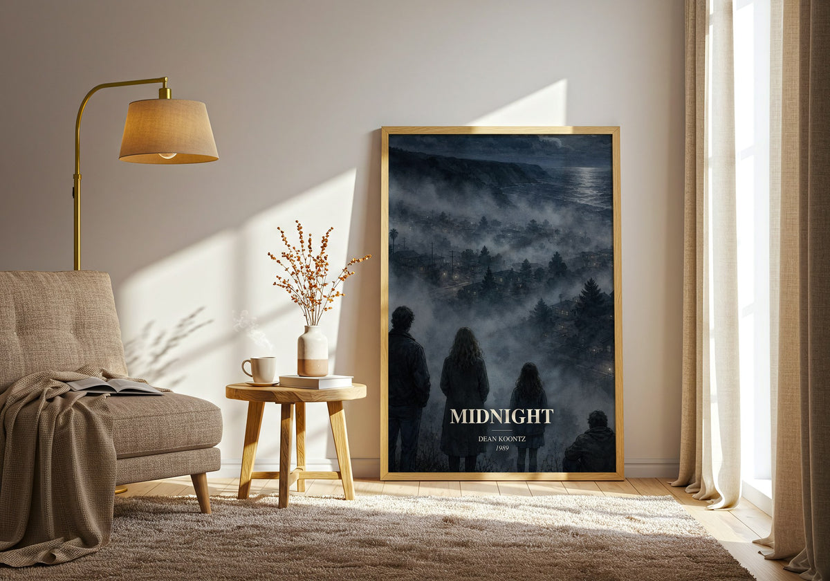 Midnight watercolour print in frame leaning in hallway – thriller wall art (mockup)