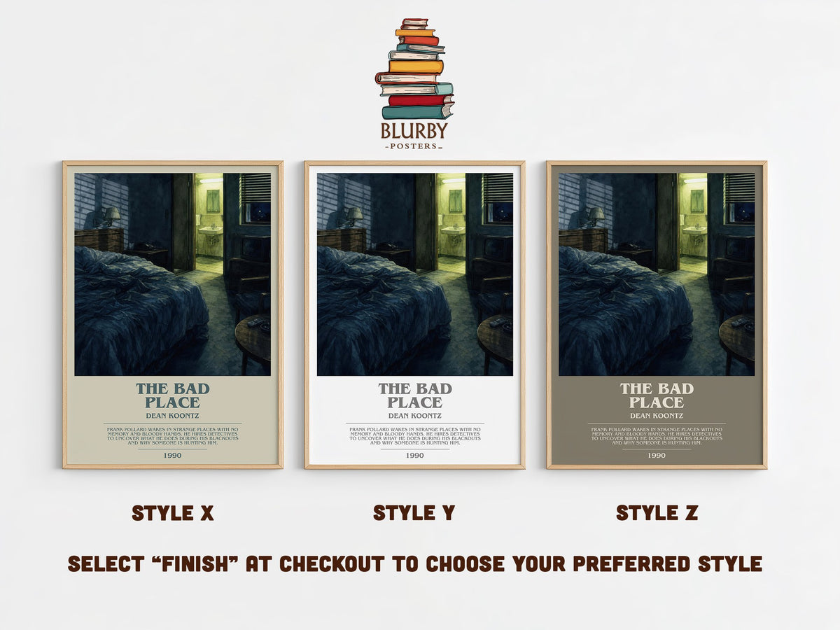 The Bad Place bookish print in frame leaning in hallway – horror wall art (mockup)