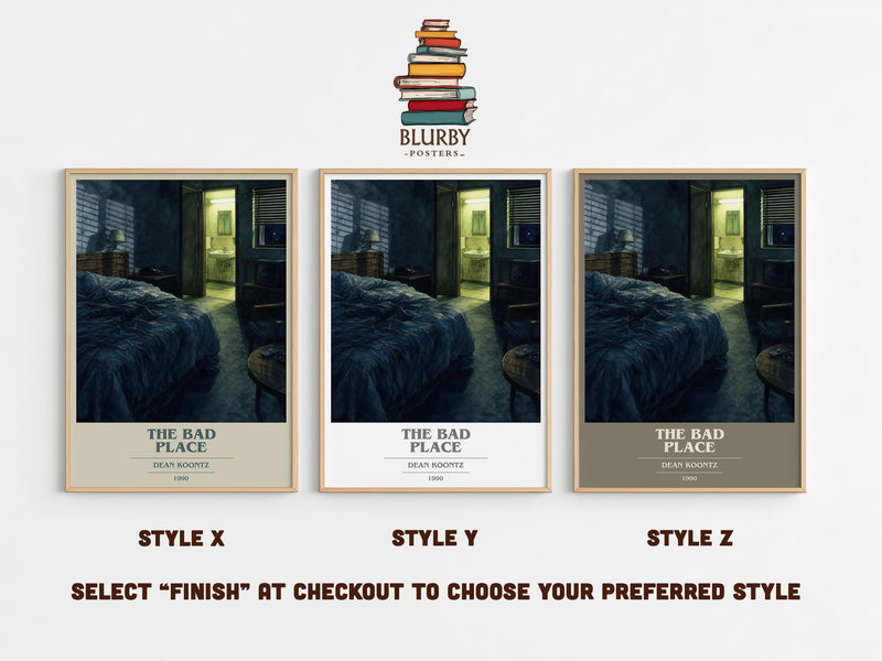 The Bad Place book cover print in frame leaning in hallway – horror wall art