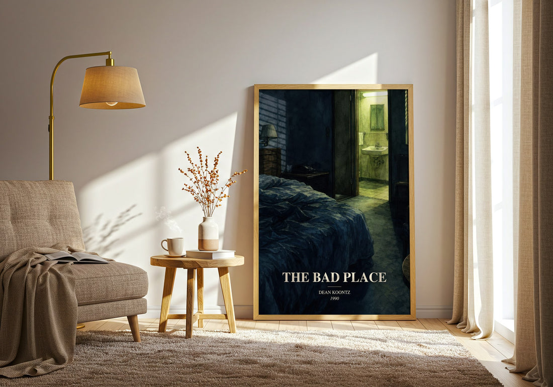 The Bad Place watercolour print in frame leaning in hallway – horror wall art (mockup)