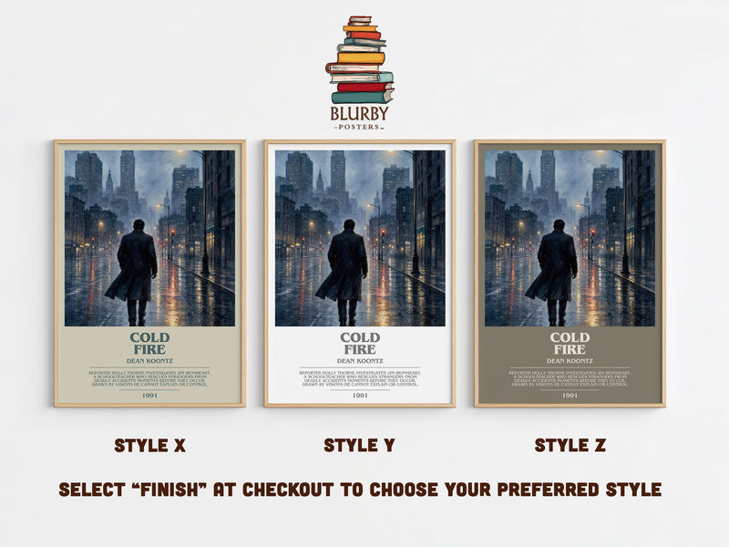Cold Fire bookish print in frame leaning in hallway – thriller wall art