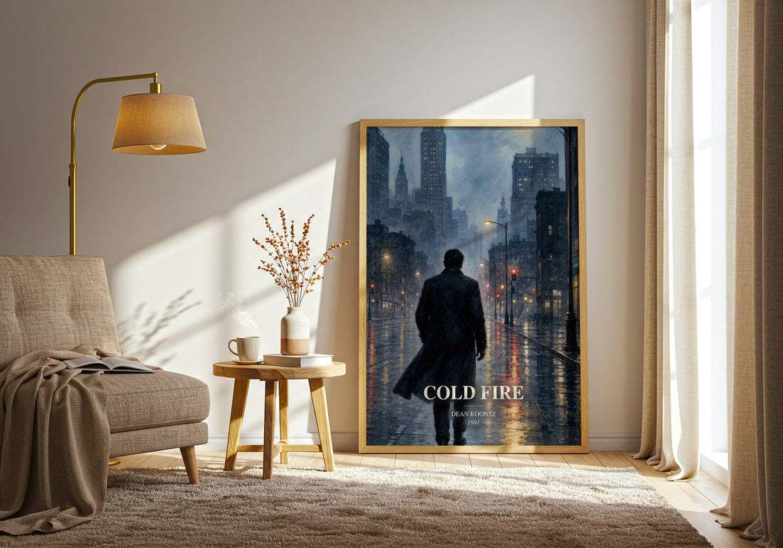 Cold Fire watercolour print in frame leaning in hallway – thriller wall art (mockup)