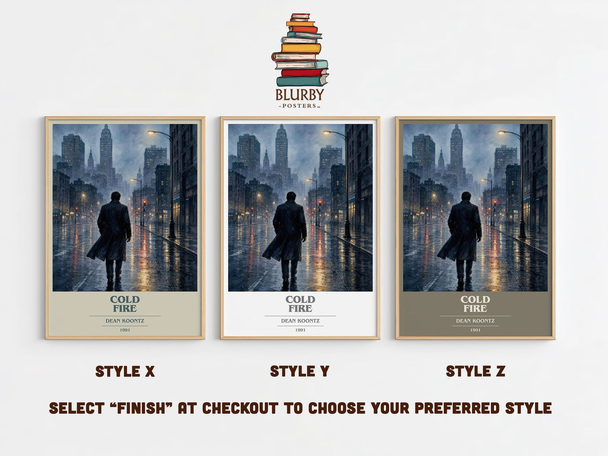Cold Fire book cover print in frame leaning in hallway – thriller wall art (mockup)