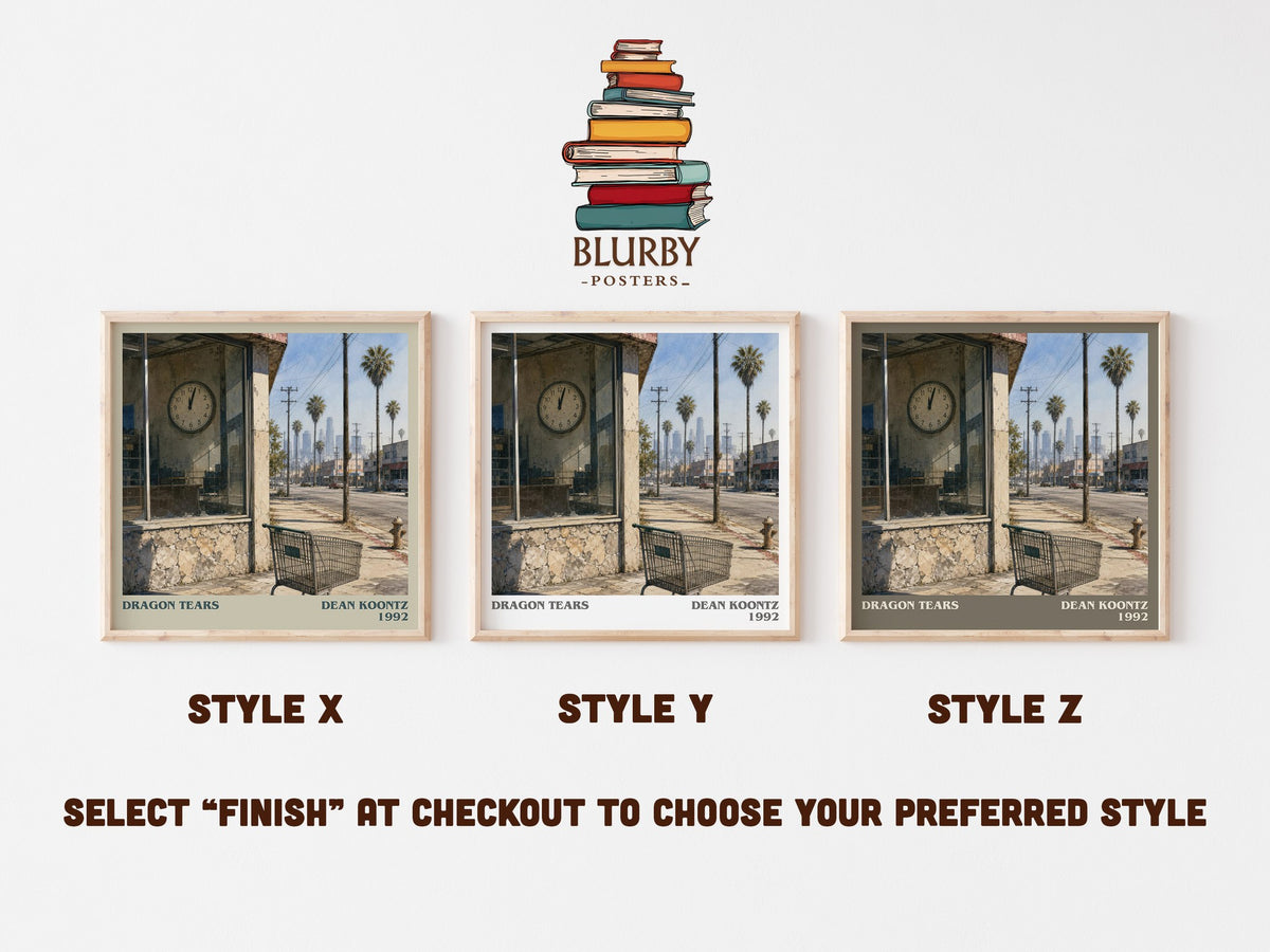 Dragon Tears literary print in frame leaning in hallway – thriller wall art (mockup)