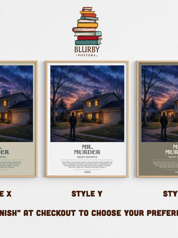 Mr. Murder bookish print in frame leaning in hallway – thriller wall art