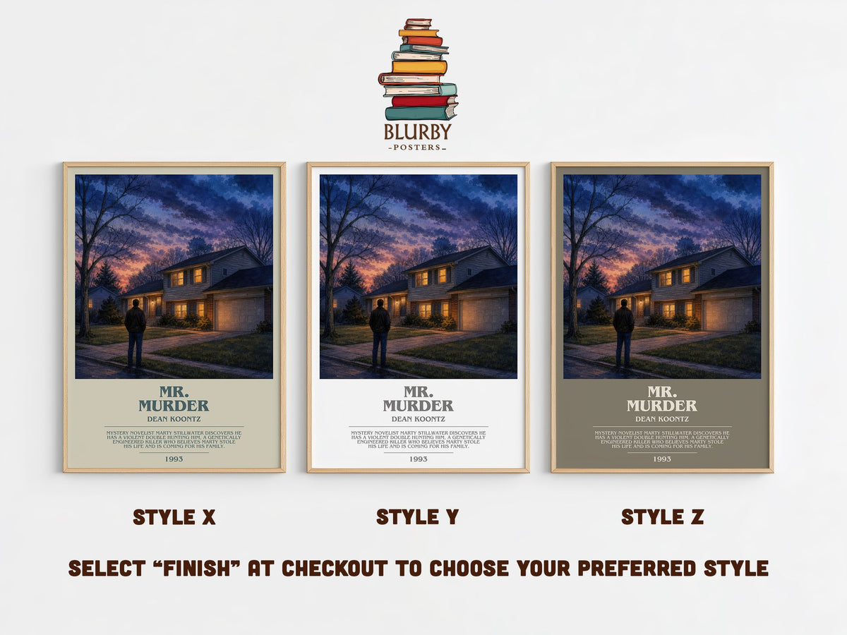 Mr. Murder bookish print in frame leaning in hallway – thriller wall art (mockup)