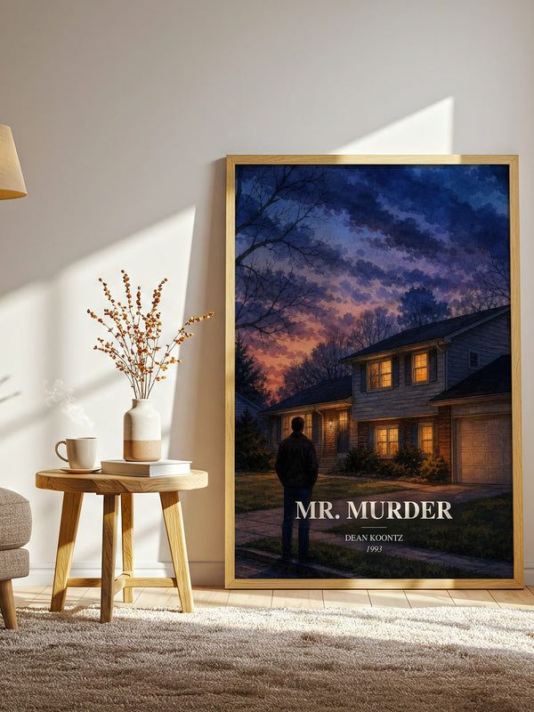 Mr. Murder watercolour print in frame leaning in hallway – thriller wall art