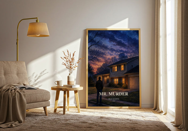 Mr. Murder watercolour print in frame leaning in hallway – thriller wall art