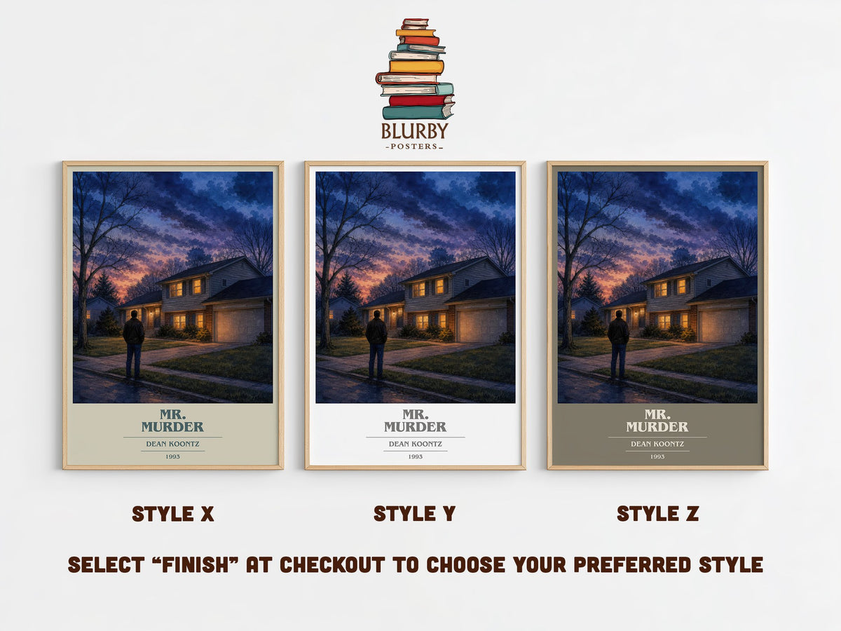 Mr. Murder book cover print in frame leaning in hallway – thriller wall art (mockup)