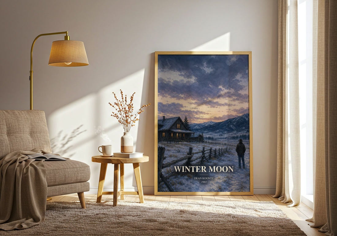 Winter Moon watercolour print in frame leaning in hallway – horror wall art (mockup)