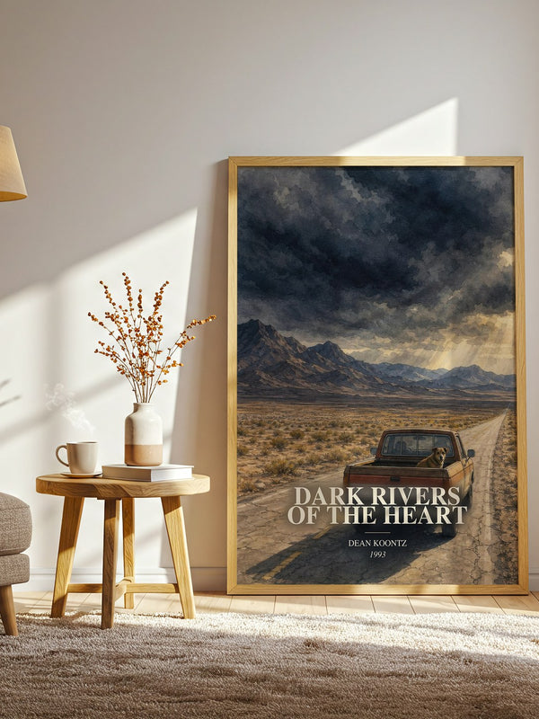Dark Rivers of the Heart watercolour print in frame leaning in hallway – thriller wall art