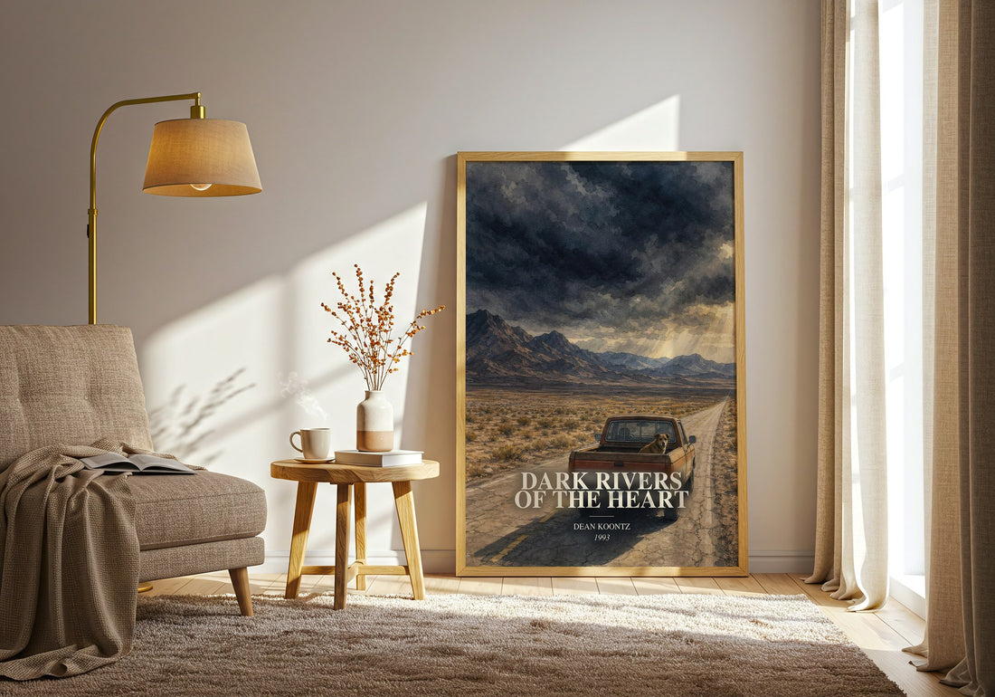 Dark Rivers of the Heart watercolour print in frame leaning in hallway – thriller wall art (mockup)