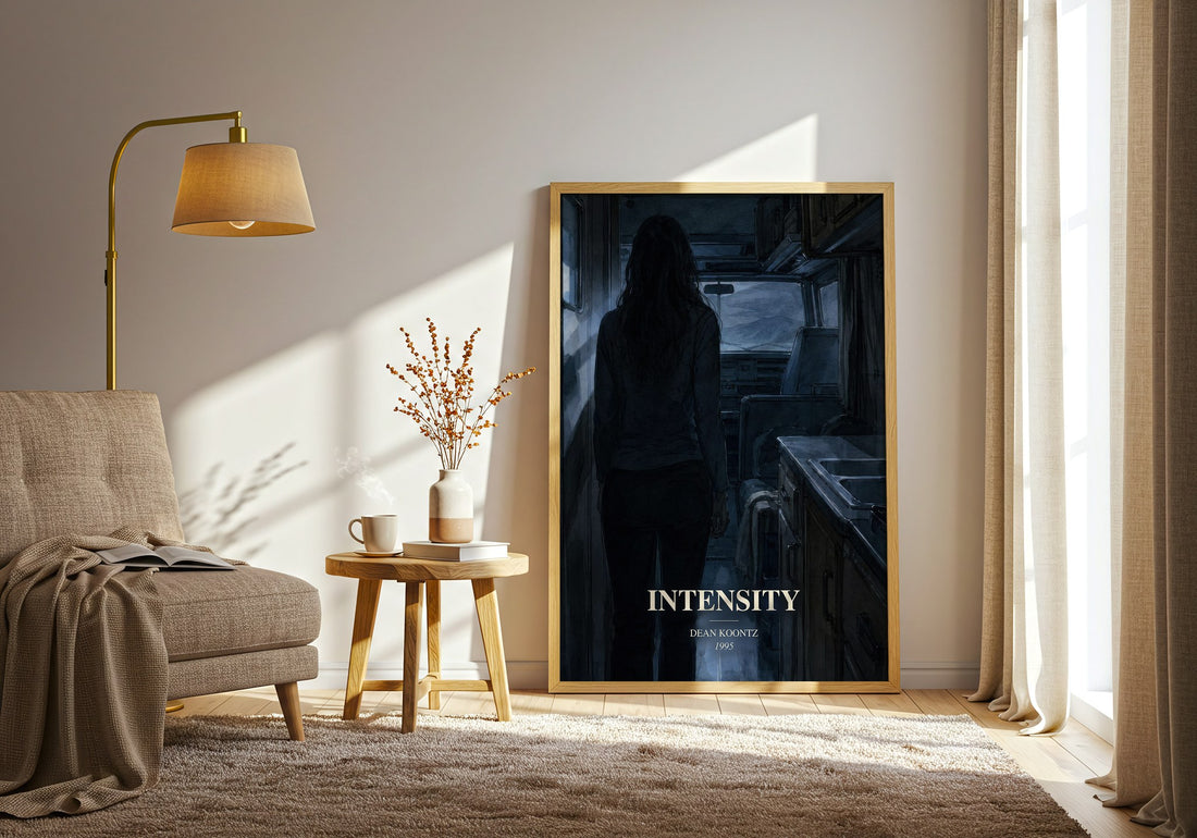 Intensity watercolour print in frame leaning in hallway – thriller wall art (mockup)