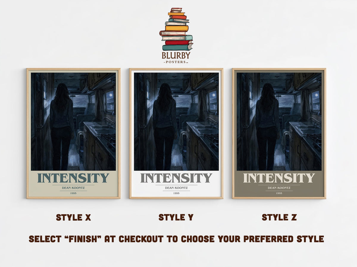 Intensity book cover print in frame leaning in hallway – thriller wall art (mockup)