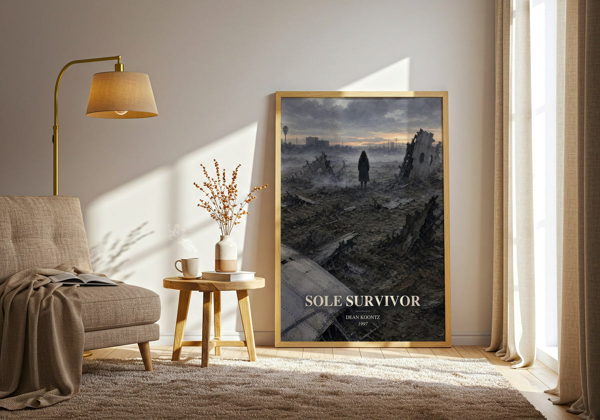Sole Survivor watercolour print in frame leaning in hallway – thriller wall art (mockup)