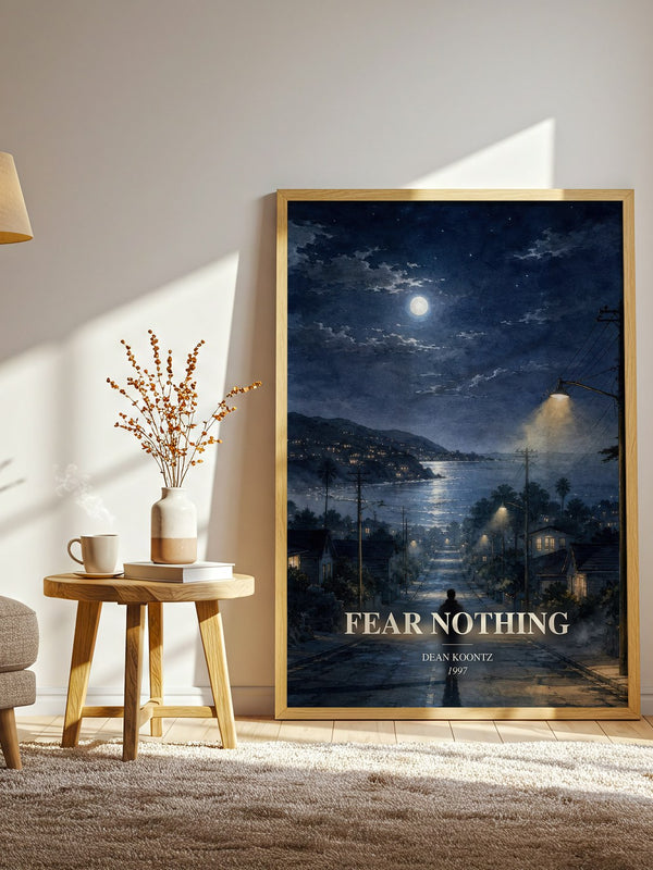 Fear Nothing watercolour print in frame leaning in hallway – thriller wall art