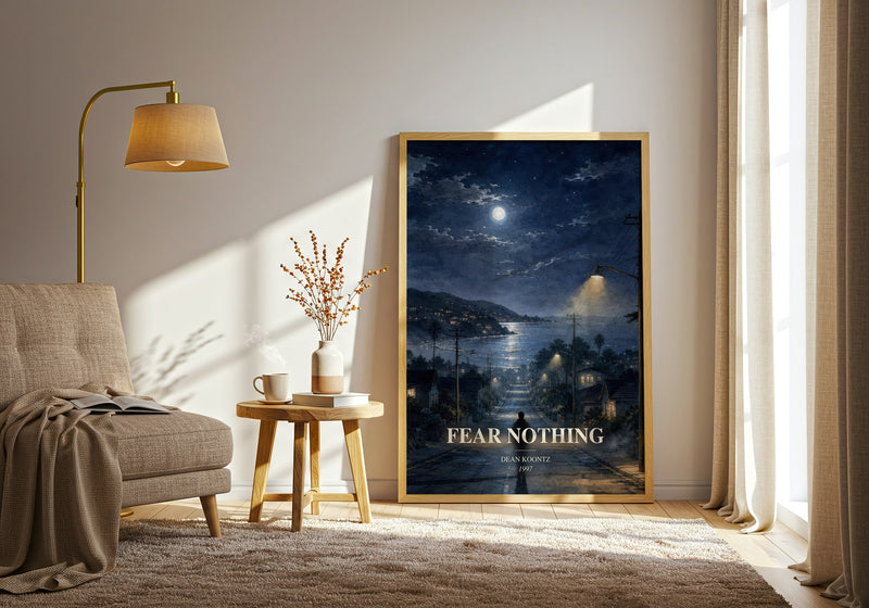 Fear Nothing watercolour print in frame leaning in hallway – thriller wall art
