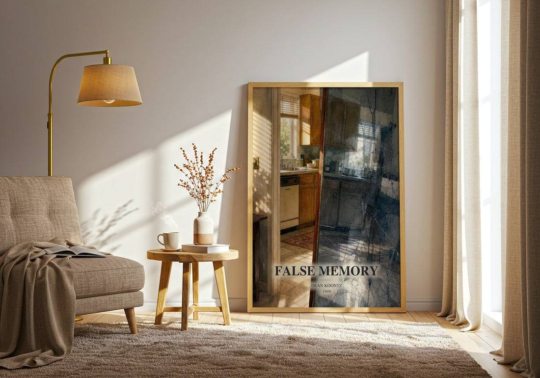 False Memory watercolour print in frame leaning in hallway – thriller wall art (mockup)