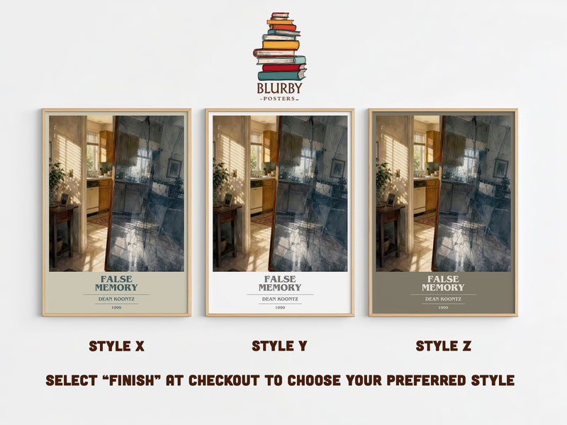 False Memory book cover print in frame leaning in hallway – thriller wall art