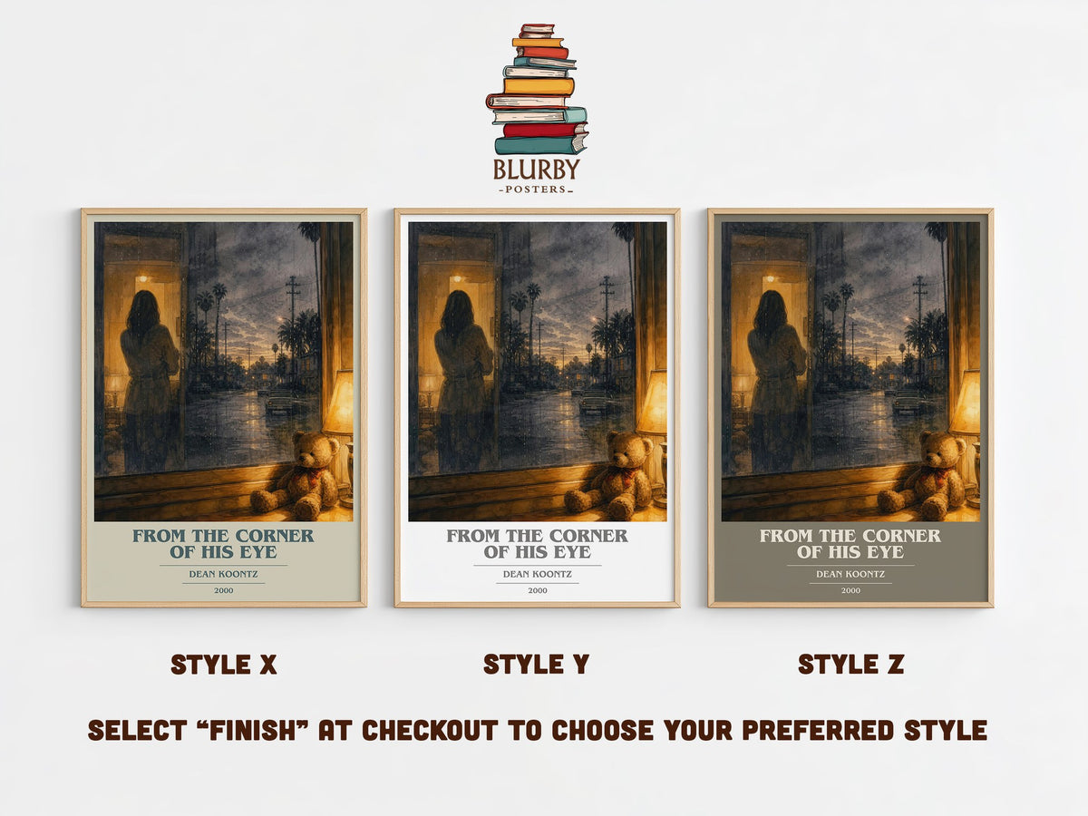 From the Corner of His Eye book cover print in frame leaning in hallway – thriller wall art (mockup)