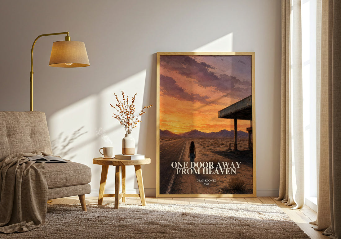 One Door Away from Heaven watercolour print in frame leaning in hallway – thriller wall art (mockup)